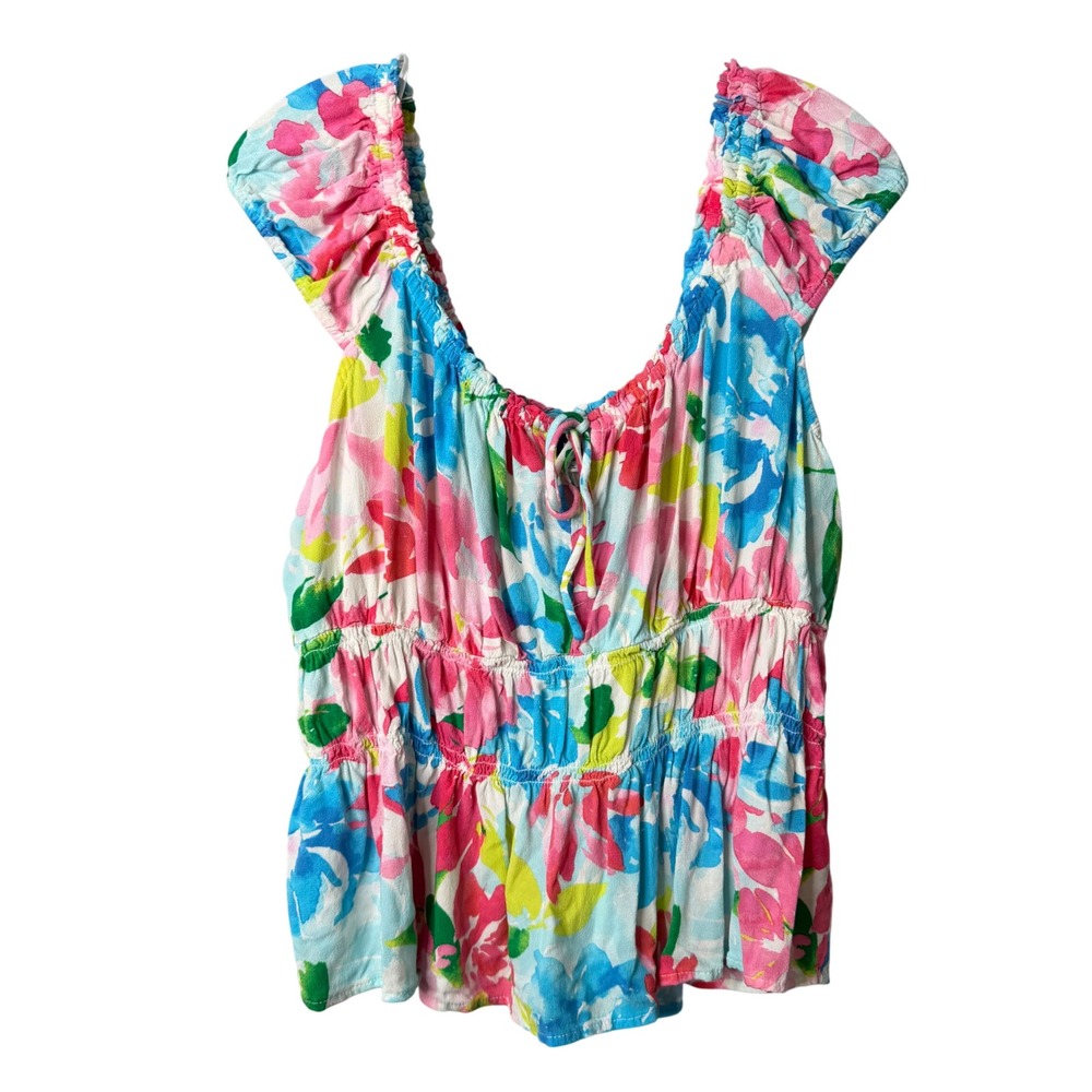 Old Navy Smocked Cap Sleeve Babydoll Top Womens XLโ Floral Multi Boho Preppy